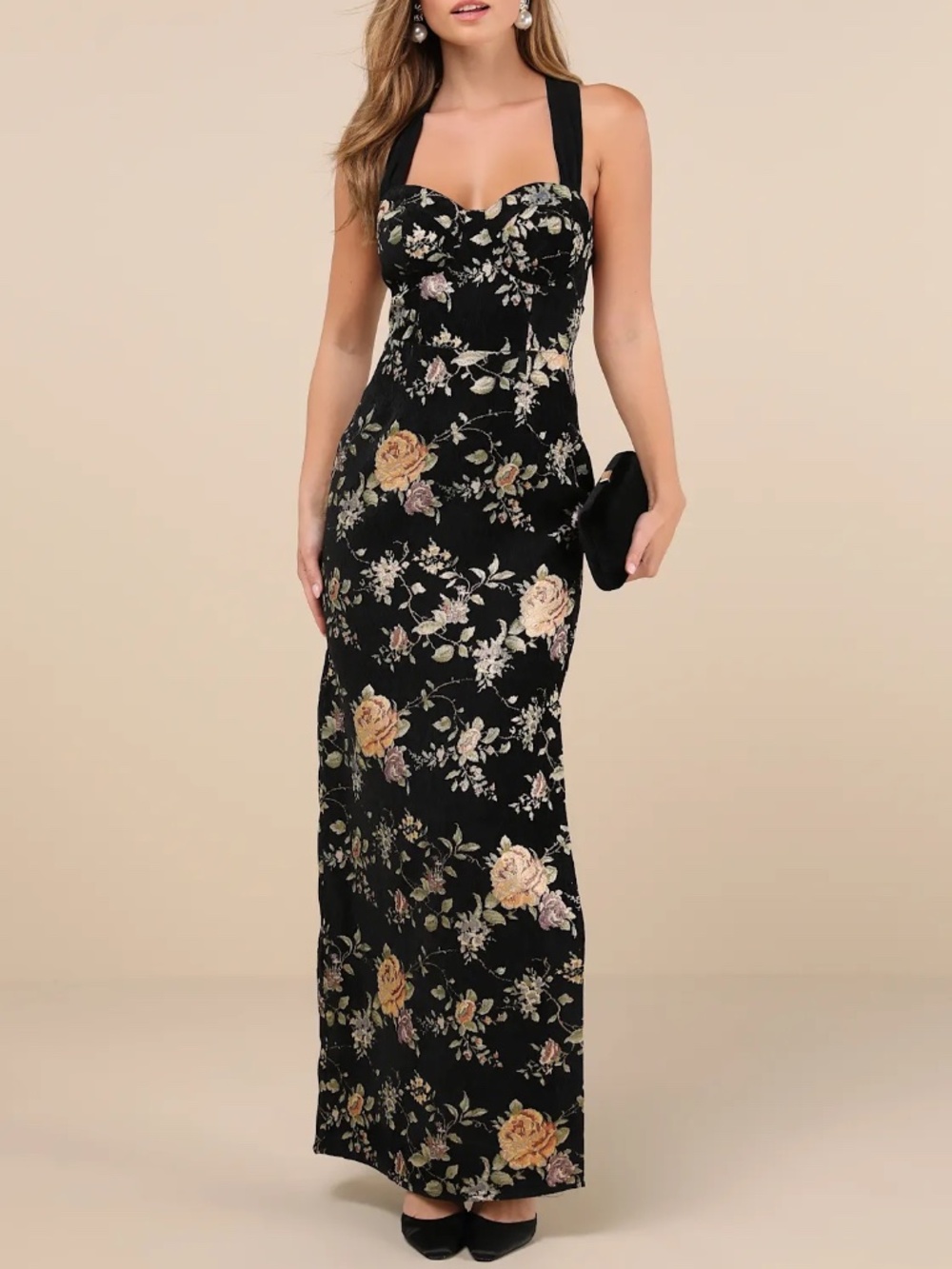 NWT Lulus Pemberley Black Jacquard Lace-Up Maxi Gown Dress Size Large